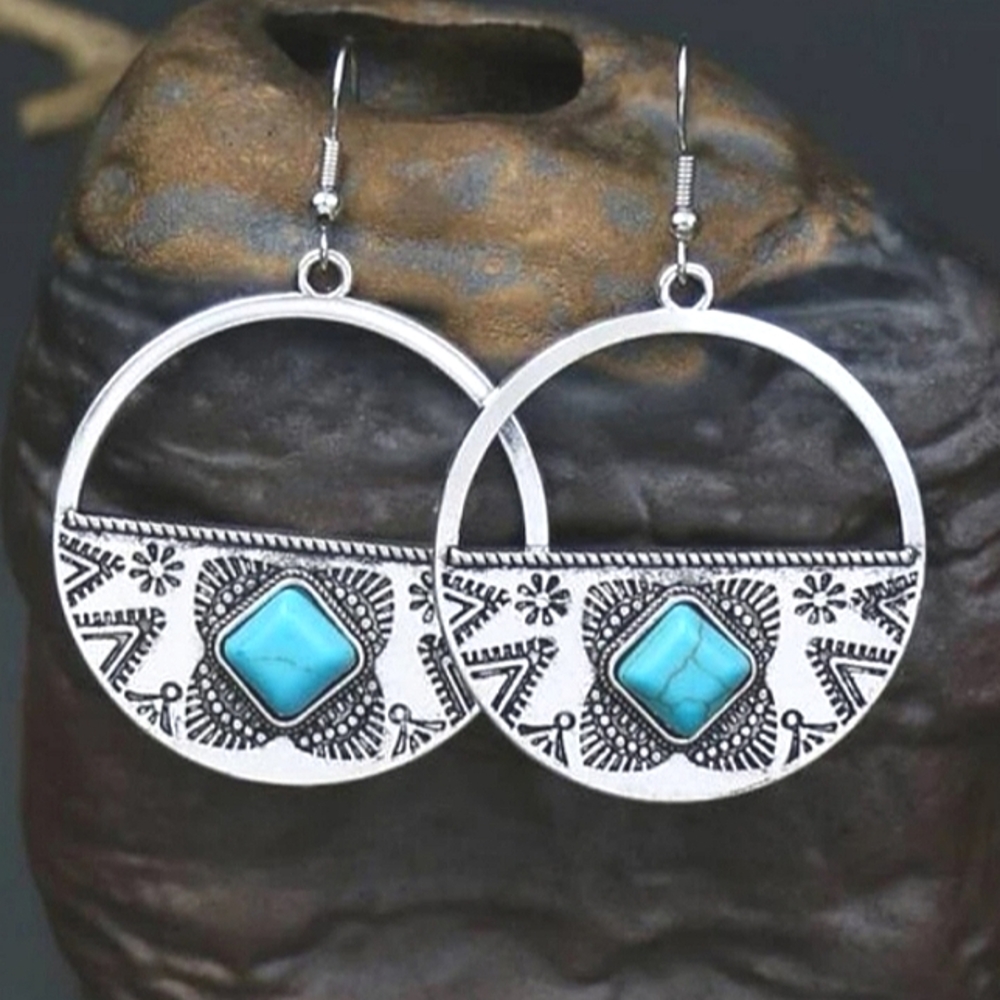 Aztec Southwest Antiqued Silver Round Turquoise Dangle Drop Earrings